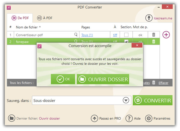 Accomplir la conversion des fichiers TIFF