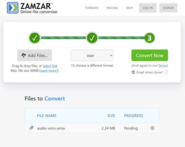 Convertir WWMV en WAV sur Zamzar