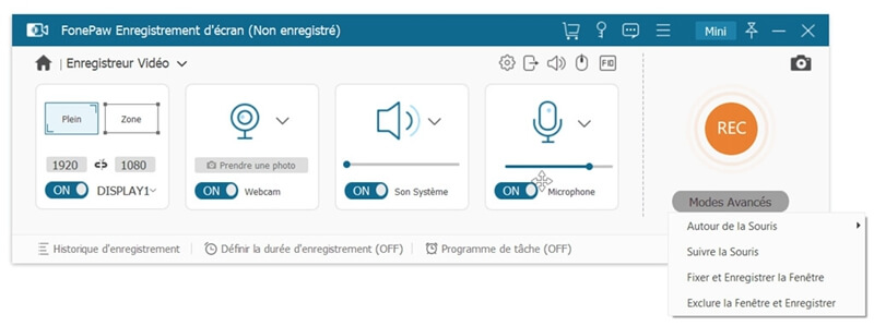 Sélectionner la fonctionnalité Fixer la fenêtre d'enregistrement