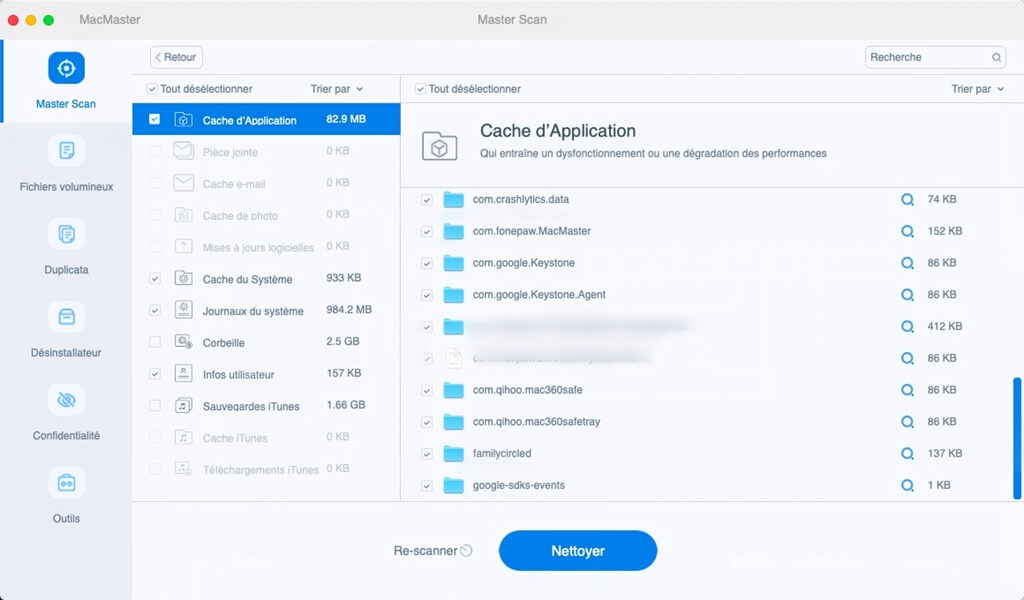 Effacer les fichiers de différents types dans MasterScan