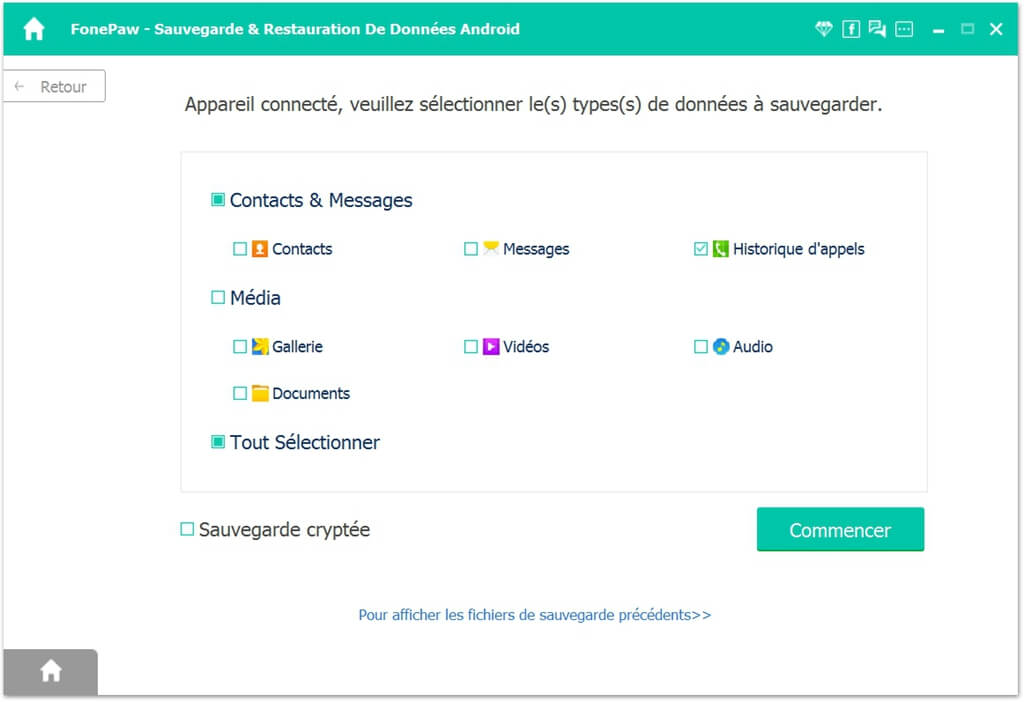 Choisissez les « Contacts » à sauvegarder