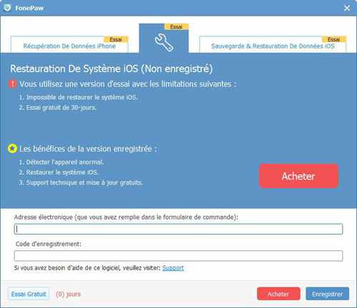 non Enregistré restauration de système ios 