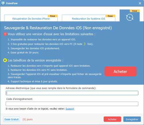 non Enregistré sauvegarde et restauration de données ios