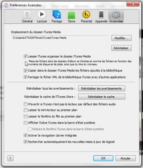 desactiver options itunes