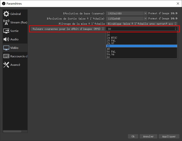 Configurer FPS dans OBS