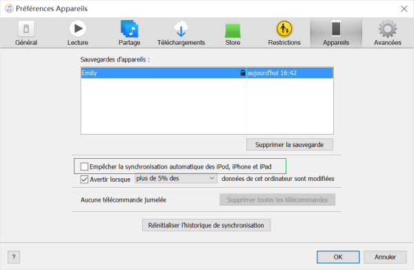 iTunes préférences appareils