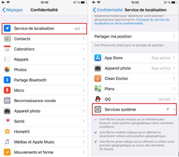 Ensuite appuyez sur « Services de localisation » → « Services système » 