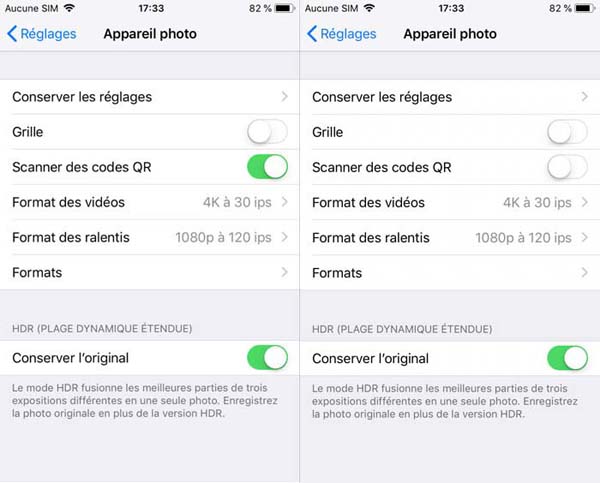 Basculer la barre à côté de l’inscription « Scanner des codes QR » vers le blanc