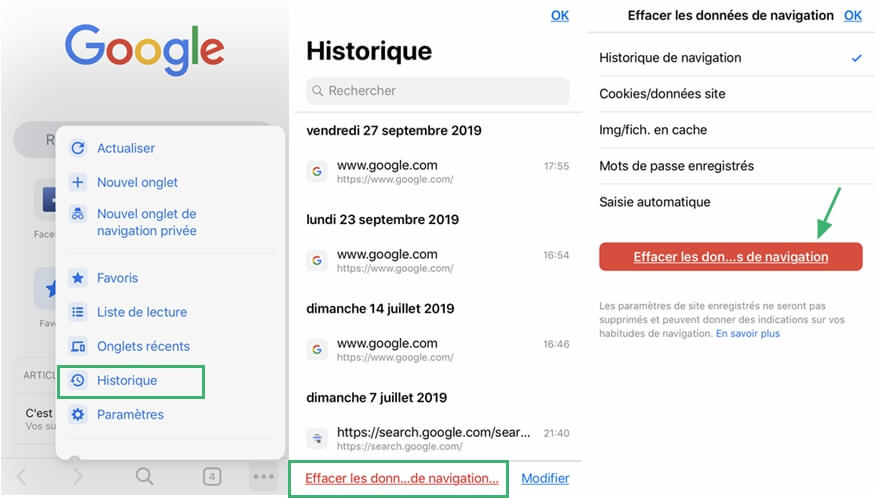 Effacer les données de navigation Chrome sur iPhone