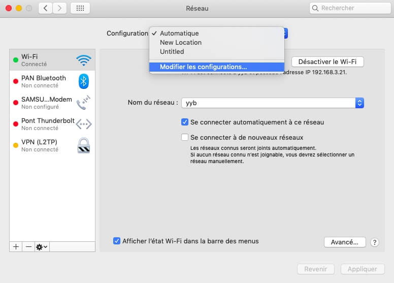 Modifier les configurations de réseau sur Mac