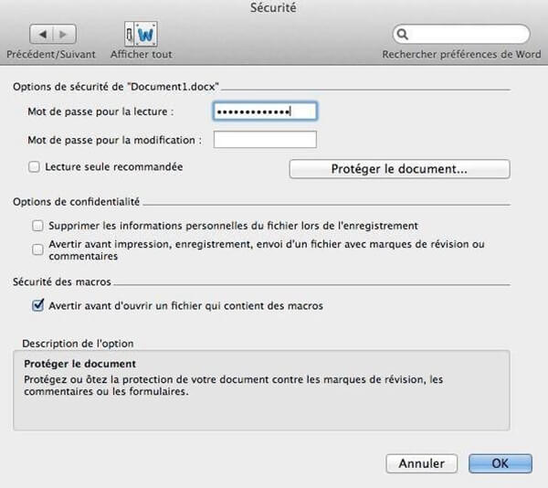 Entrer un mot de passe pour la lecture du document Word 2010