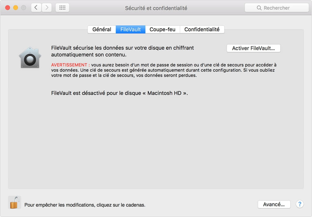 Désactiver le chiffrement FileVault