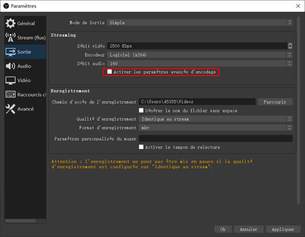 Activer les paramètres avancés d’encodage