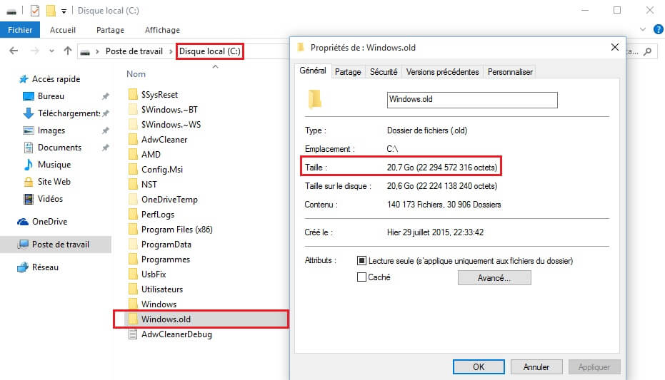 supprimer le dossier Windows.old