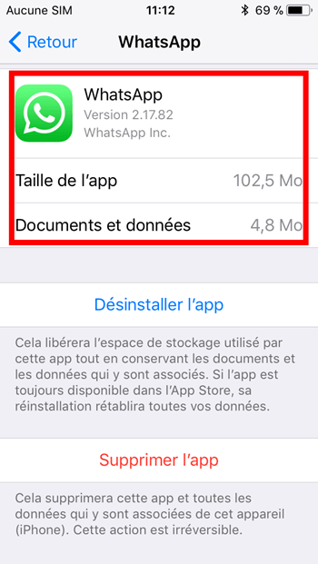 taille de Stockage iPhone/iPad de WhatsApp