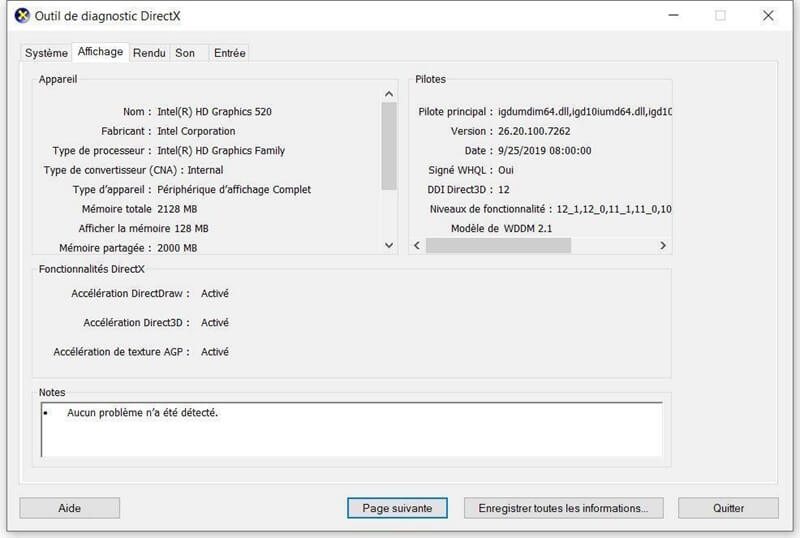 fenêtre de l'Outil de diagnostic DirectX