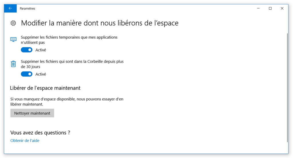 libérer automatiquement de l’espace sur Windows 10
