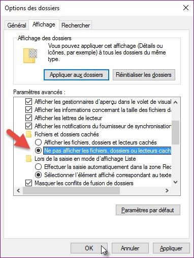 Ne pas afficher les fichiers, dossiers ou lecteurs cachés