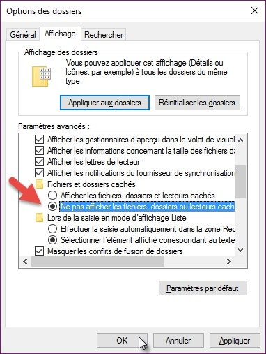 Ne pas afficher les fichiers, dossiers ou lecteurs cachés