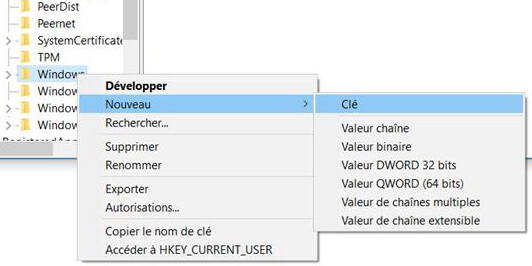 Sélectionner « Nouveau » puis « Clé » sur Windows