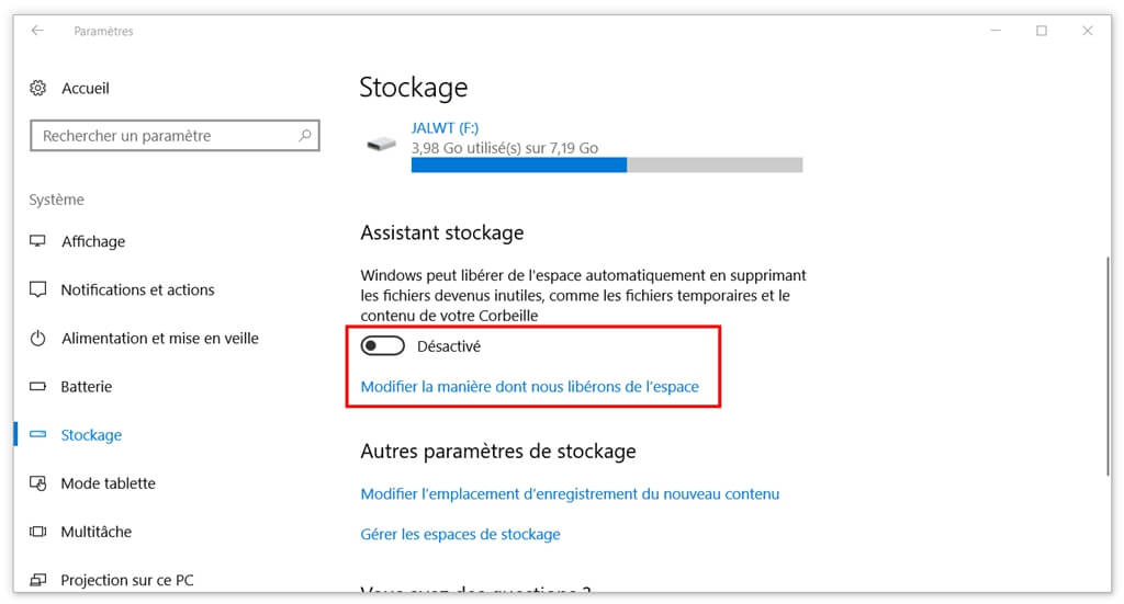 personnaliser la manière de libérer de l’espace sur Windows 10