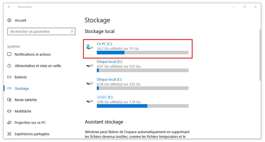 Stockage sur Windows 10